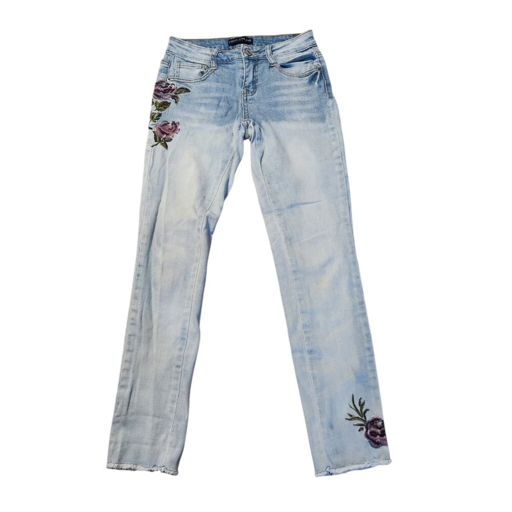Imperial Star Jeans Light Wash Blue Embroidered Roses Raw Hem Girls Size 10 EUC‎